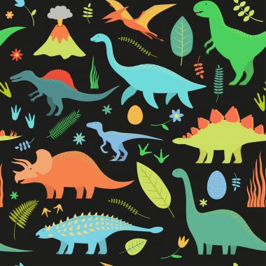 Dinosaurs pattern on black background clipart