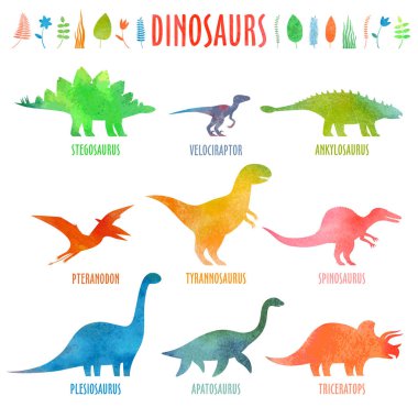 Dinosaurs types in watercolor clipart
