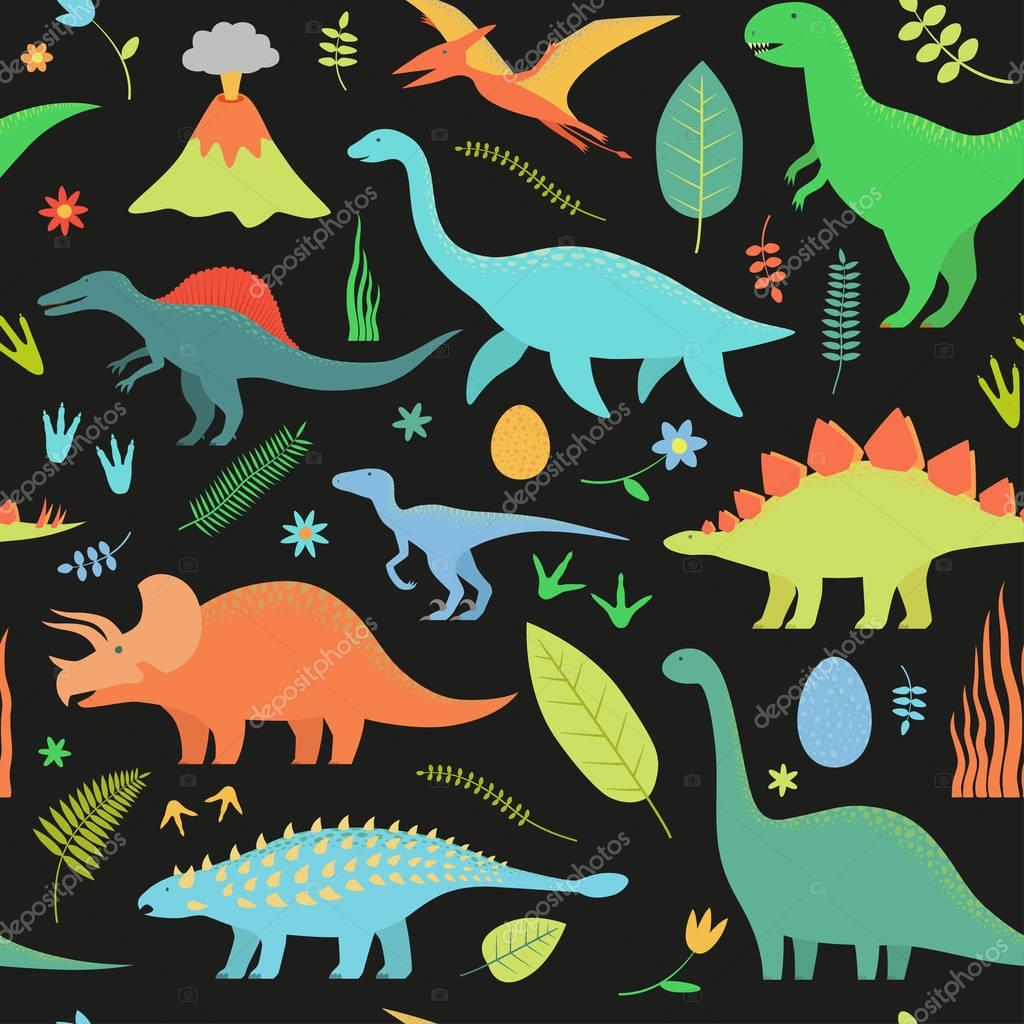 Dino seamless pattern on black background.