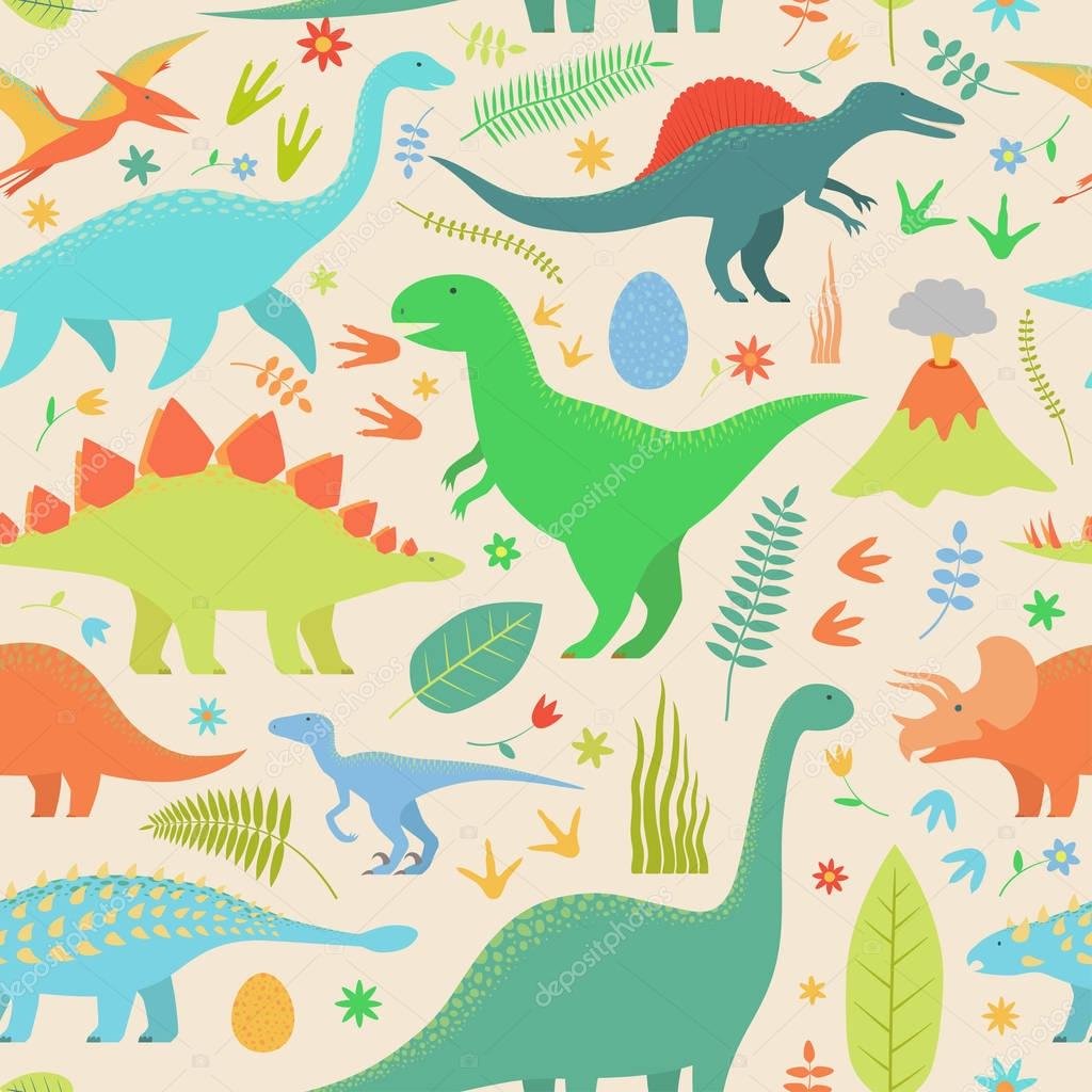Dino seamless pattern on light background.