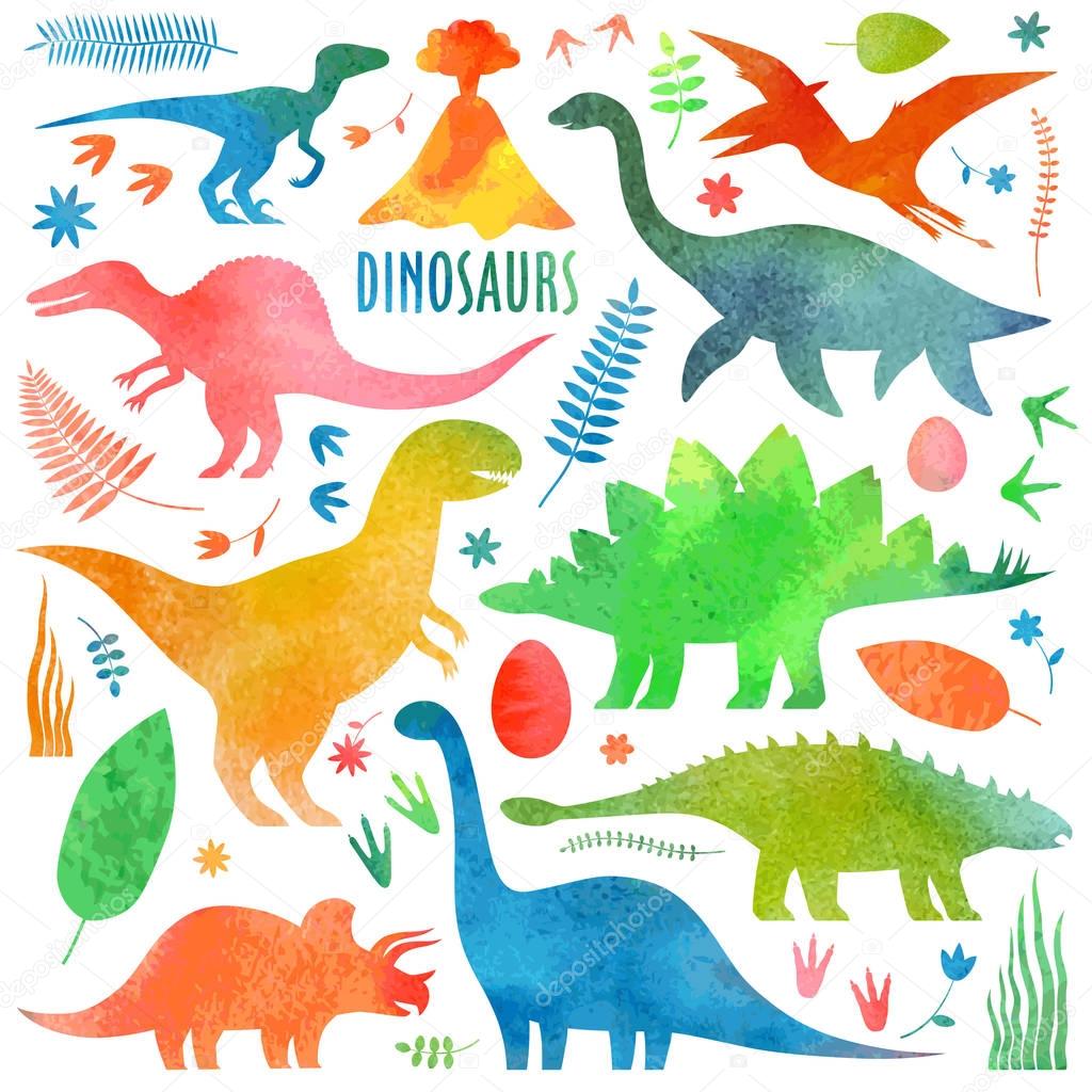 Watercolor dinosaurus set isolated on white.