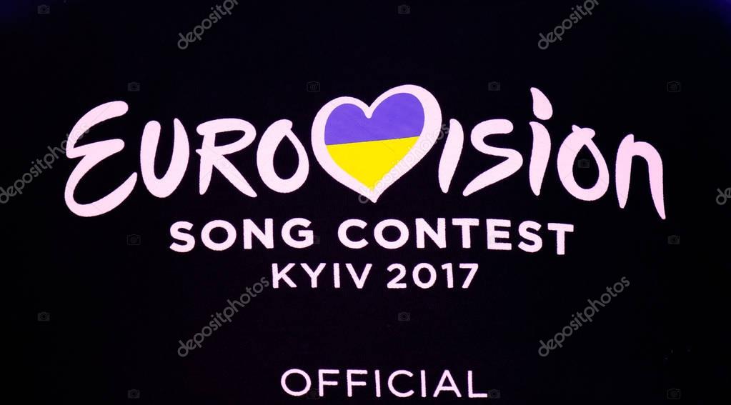 KYIV, UKRAINE - MAY 12, 2017: Official logo of ESC (EUROVISION) Eurovision Song Contest 2017 during Final dress rehearsa