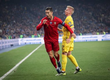 Kyiv, Ukrayna - 14 Ekim 2019: Portekizli Cristiano Ronaldo Uefa Euro 2020 ön eleme maçı sırasında Nsk Olimpiyskyi Stadyumu 'nda Portekiz' e karşı