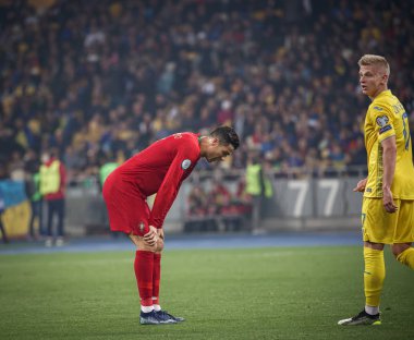 Kyiv, Ukrayna - 14 Ekim 2019: Portekizli Cristiano Ronaldo Uefa Euro 2020 ön eleme maçı sırasında Nsk Olimpiyskyi Stadyumu 'nda Portekiz' e karşı