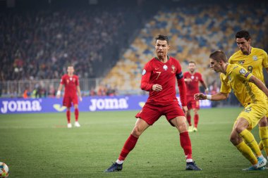 Kyiv, Ukrayna - 14 Ekim 2019: Portekizli Cristiano Ronaldo Uefa Euro 2020 ön eleme maçı sırasında Nsk Olimpiyskyi Stadyumu 'nda Portekiz' e karşı