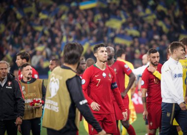 Kyiv, Ukrayna - 14 Ekim 2019: Portekizli Cristiano Ronaldo Uefa Euro 2020 ön eleme maçı sırasında Nsk Olimpiyskyi Stadyumu 'nda Portekiz' e karşı