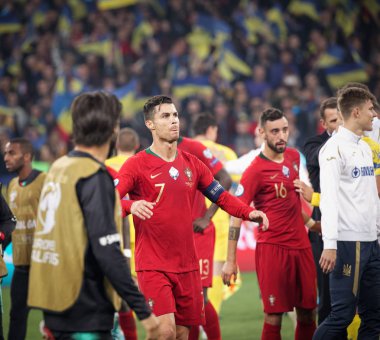 Kyiv, Ukrayna - 14 Ekim 2019: Portekizli Cristiano Ronaldo Uefa Euro 2020 ön eleme maçı sırasında Nsk Olimpiyskyi Stadyumu 'nda Portekiz' e karşı
