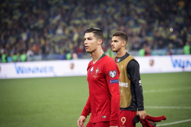Kyiv, Ukrayna - 14 Ekim 2019: Portekizli Cristiano Ronaldo Uefa Euro 2020 ön eleme maçı sırasında Nsk Olimpiyskyi Stadyumu 'nda Portekiz' e karşı
