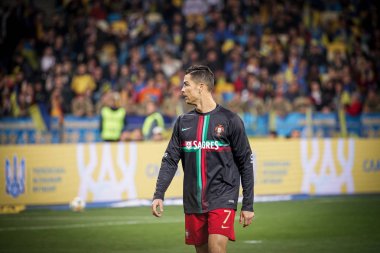 Kyiv, Ukrayna - 14 Ekim 2019: Portekizli Cristiano Ronaldo Uefa Euro 2020 ön eleme maçı sırasında Nsk Olimpiyskyi Stadyumu 'nda Portekiz' e karşı