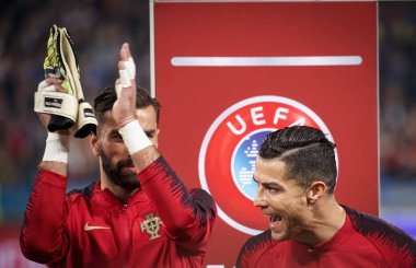 Kyiv, Ukrayna - 14 Ekim 2019: Portekizli Cristiano Ronaldo Uefa Euro 2020 ön eleme maçı sırasında Nsk Olimpiyskyi Stadyumu 'nda Portekiz' e karşı