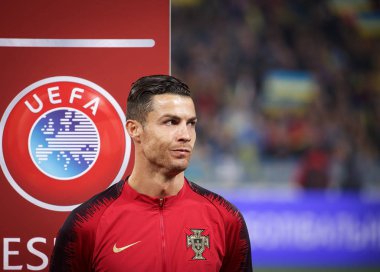 Kyiv, Ukrayna - 14 Ekim 2019: Portekizli Cristiano Ronaldo Uefa Euro 2020 ön eleme maçı sırasında Nsk Olimpiyskyi Stadyumu 'nda Portekiz' e karşı