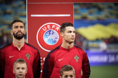 Kyiv, Ukrayna - 14 Ekim 2019: Portekizli Cristiano Ronaldo Uefa Euro 2020 ön eleme maçı sırasında Nsk Olimpiyskyi Stadyumu 'nda Portekiz' e karşı