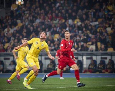 Kyiv, Ukrayna - 14 Ekim 2019: Portekizli Cristiano Ronaldo Uefa Euro 2020 ön eleme maçı sırasında Nsk Olimpiyskyi Stadyumu 'nda Portekiz' e karşı