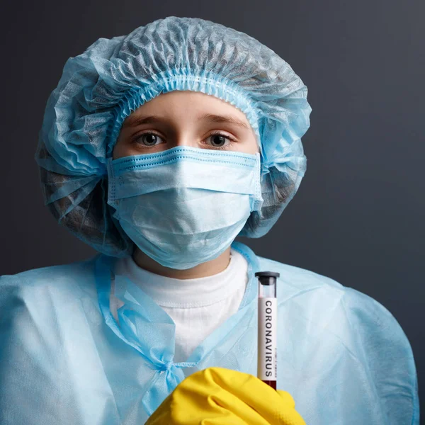 Woman Mask Rubber Gloves Holding Test Tube Blood Vitro Analysis — Stockfoto