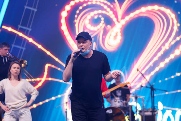 KYIV, UKRAINE - FEB 22, 2020: Verka Serduchka (Andriy Danylko) with medical mask during ukrainian selection final of the Eurovision 2020 Song Contest