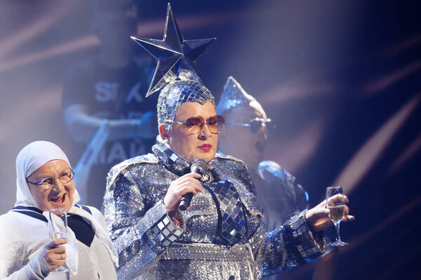 KYIV, UKRAINE - FEB 22, 2020: Verka Serduchka (Andriy Danylko) during ukrainian selection final of the Eurovision 2020 Song Contest