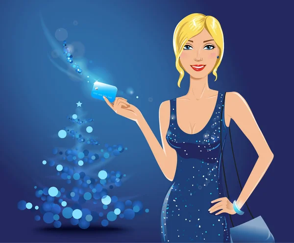 아름 다운 금발의 여 자가 우아한 파란색 드레스를 입고 신용 카드를 들고 근처에 크리스마스 트리 스탠드. — 스톡 벡터
