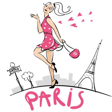 Kız Paris'te yürüyüş. Paris cityscape yürüyen güzel mutlu kadın. El yapımı Paris yazı.