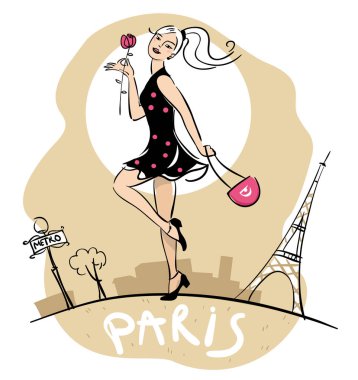 Mutlu kız Paris'te yürüyüş çiçek ve el çantası ile. Paris cityscape yürüyen güzel mutlu kadın. El yapımı Paris yazı.