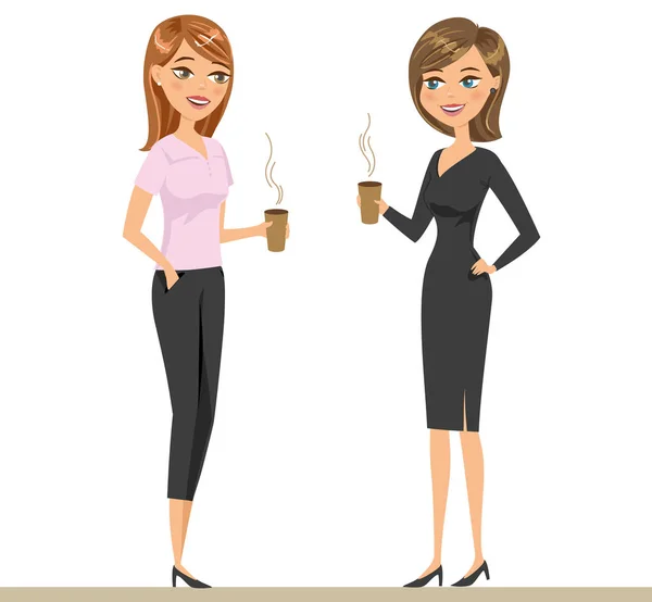 Kaksi kollegaa tai ystävää juomassa kahvia ja puhumassa. Kaksi hymyilevää naista juo. — vektorikuva