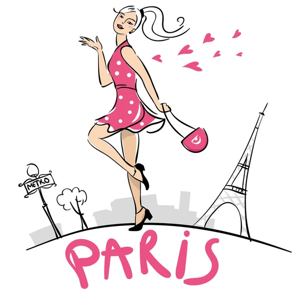 Girl walking in Paris. Beautiful happy woman walking at Paris cityscape. Hand-made Paris lettering. — Stock Vector