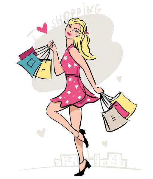 Rubia chica feliz con bolsas de compras caminando . — Vector de stock