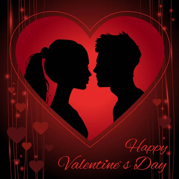 Cartão de Dia de Valentim vermelho romântico com uma silhueta do par de carinho . — Vetor de Stock