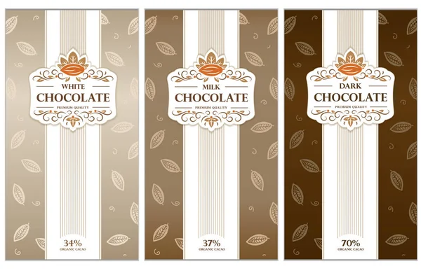 Dark, milk and white chocolate bar design. Elegant chocolate vector packaging. Trendy  product branding template with label. — Stock Vector