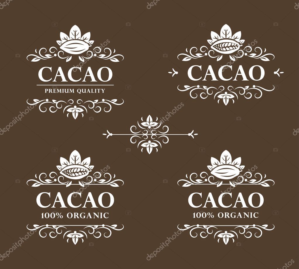 Set of vector vintage flourish calligraphic cacao logos (symbol, emblem, label, design, template).