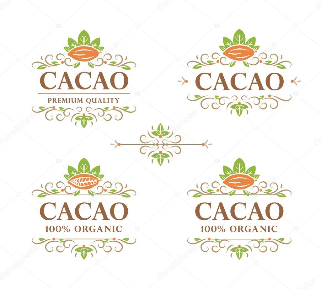 Set of vector vintage flourish calligraphic cacao logos (emblem, label, design, template).