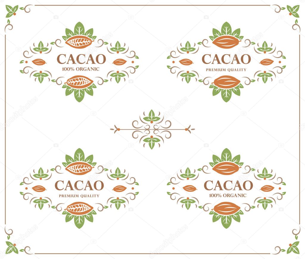 Set of vector vintage flourish calligraphic cacao logos (symbol, emblem, label, design, template).