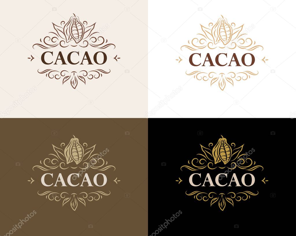 Fine flourish luxury calligraphic cacao emblem, design, template, label. Vector vintage cacao logo (symbol) for cafe, restaurant, shop, print.