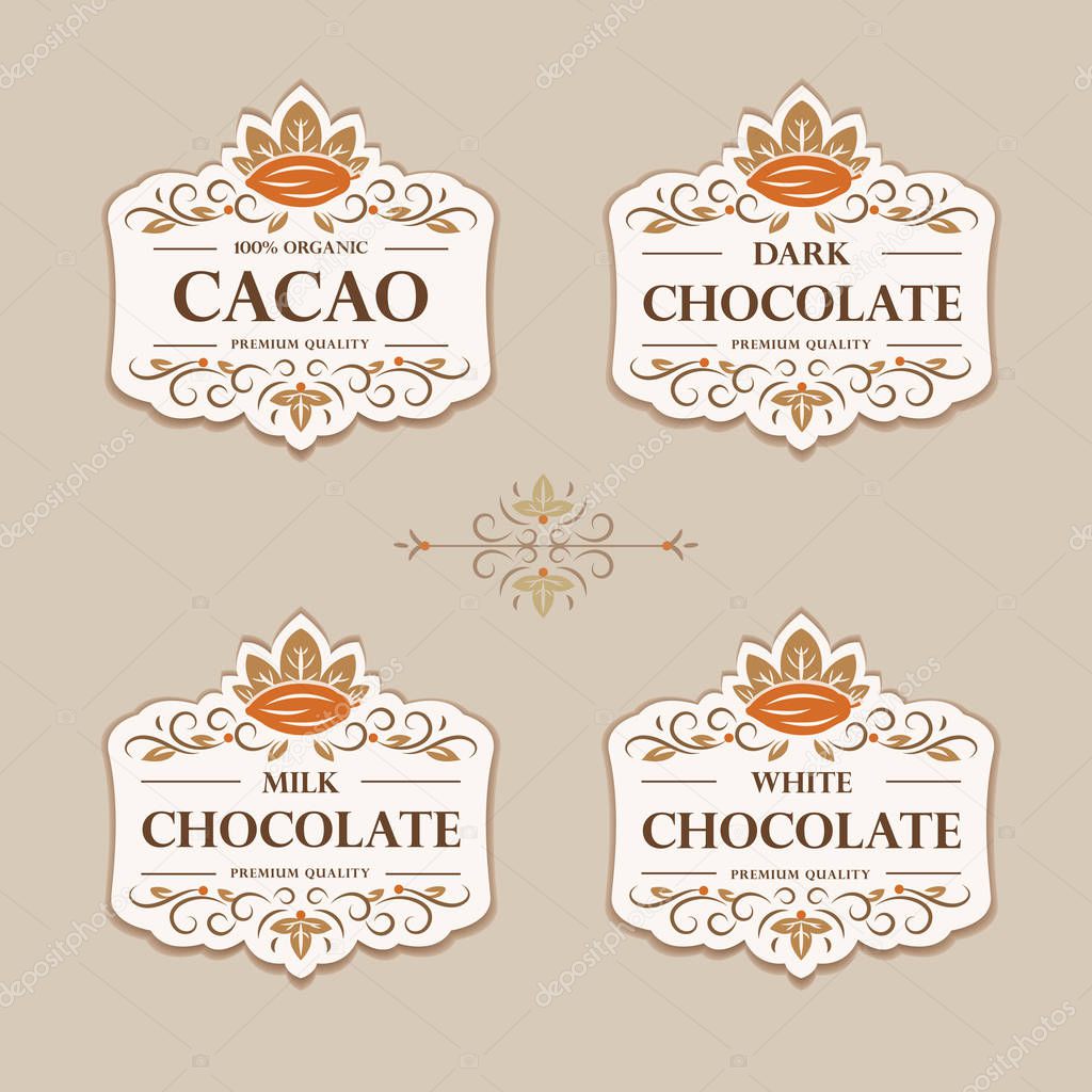 Set of flourish vintage vector calligraphic cacao and chocolate labels (symbol, emblem, logo, design, template). Ornamental labels for dark, milk, white chocolate and cacao.