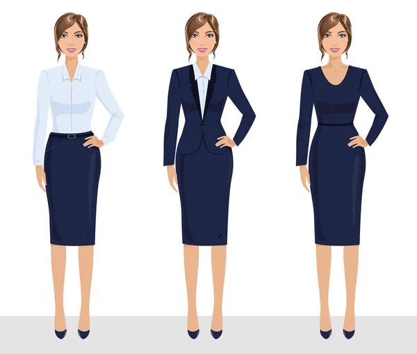 Elegant pretty business woman in formal clothes. Base wardrobe, feminine corporate dress code. Collection of full length portraits of business woman. — Stock Vector