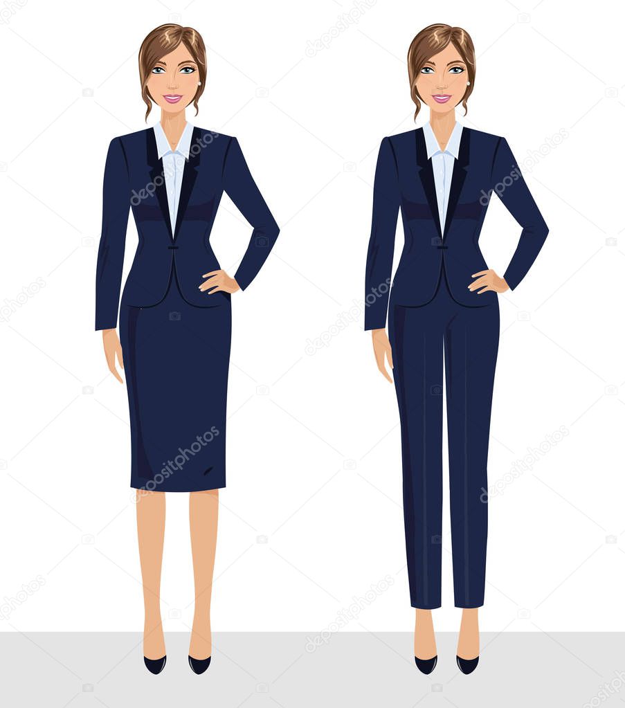 Elegante mujer de negocios bonita en ropa formal. Armario base, código de  vestimenta corporativo femenino. Colección de retratos completos de mujer  de negocios . Vector de Stock de ©Gryva 136207968