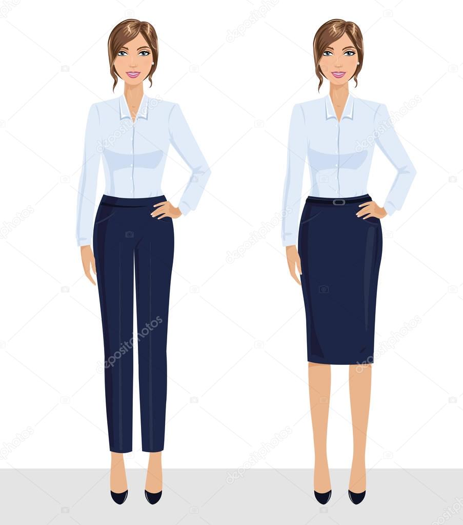 Elegante mujer de negocios bonita en ropa formal. Armario base, código de  vestimenta corporativo femenino. Colección de retratos completos de mujer  de negocios . Vector de Stock de ©Gryva 136207972