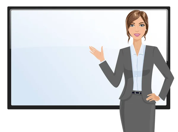 Geschäftsfrau mit Plasma-Bildschirm. schöne Geschäftsfrau präsentiert einen Kopierraum. Porträt einer eleganten Frau bei der Präsentation. — Stockvektor