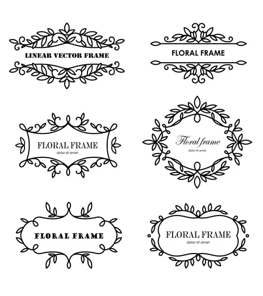 Conjunto de marcos florales modernos. Plantilla de diseño para banner, tarjeta, invitación, etiqueta, emblema, etc. Ilustración de vector lineal elegante . — Vector de stock