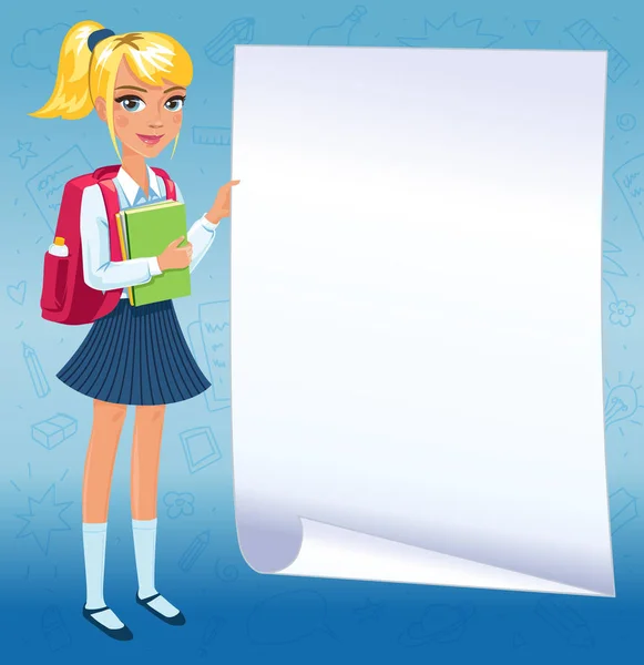 Projektowanie z szczęśliwy dziewczyna (uczennica) stałego i gospodarstwa duże białą kartkę papieru (miejsce). Tło dla tabeli informacje, rozkład jazdy lub innych. — Wektor stockowy