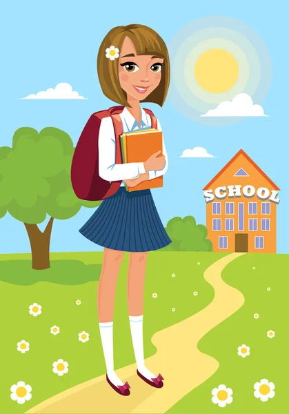 Happy girl goes to school. Back to school. Schoolgirl going to school, education concept. — Stock Vector