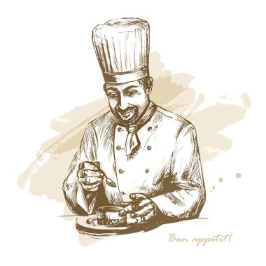 Smiling and happy  chef garnishing food.  clipart