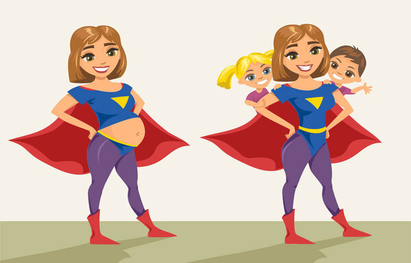 Супер герой, супер мама беременна. Счастливая улыбающаяся супермама со своими детьми
