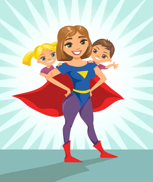 Супергерой, супер мама. Щаслива усміхнена супер мати зі своїми дітьми — стоковий вектор