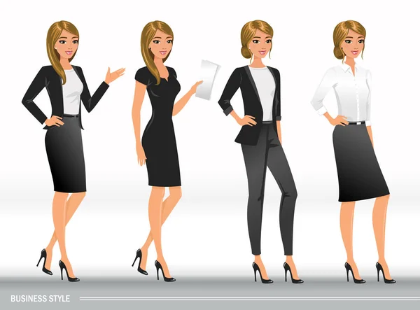 Elegante Geschäftsfrauen in formeller Kleidung. Basisgarderobe, feminine Corporate Dresscode. Frauen in Bürokleidung — Stockvektor