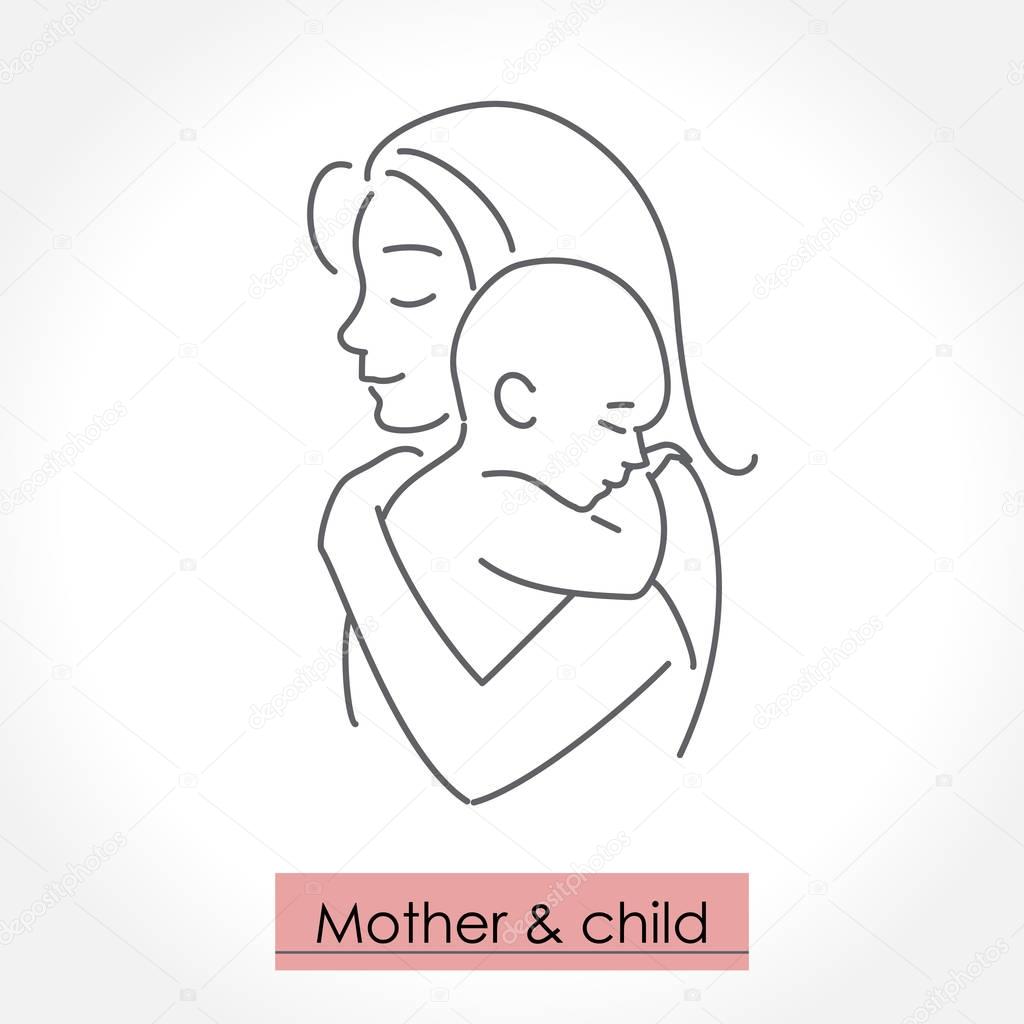 Mother with child. Line art icon, logo, sign. Isolated vector illustration.