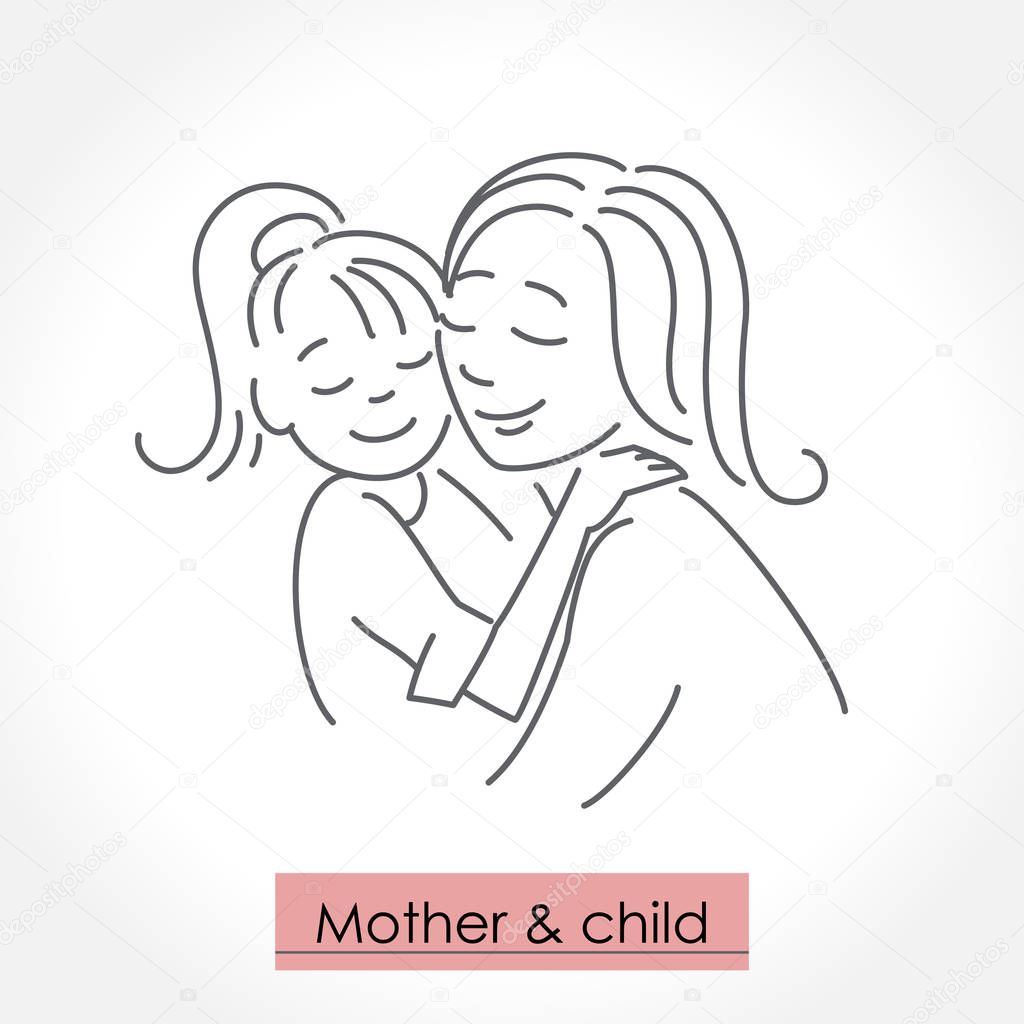 Mother with child. Line art icon, logo, sign. Isolated vector illustration.