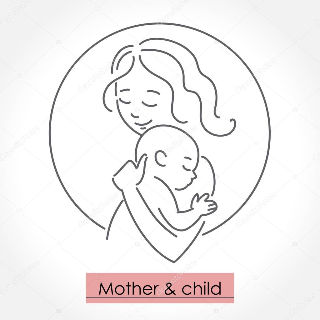 Mother with child. Line art icon, logo, sign. Isolated vector illustration.