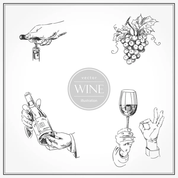 Ensemble de croquis de mains avec verre et bouteille de vin, sommelier. Illustration vectorielle isolée sur blanc — Image vectorielle