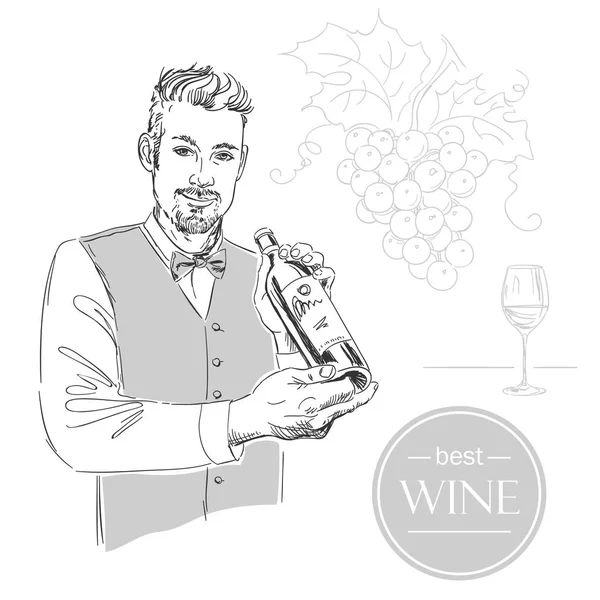 Sommelier, serveur, homme tenant une bouteille de vin, dégustation de vin — Image vectorielle