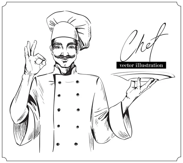 Sorrindo e chef feliz com prato. Ilustração desenhada à mão vetorial sobre fundo branco . — Vetor de Stock